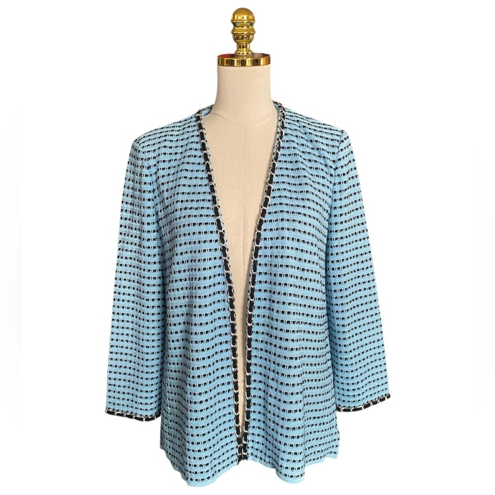 Ming Wang Women’s Light Blue Textured Knit Crotchet Chain Trim Blazer Medium - Picture 4 of 11